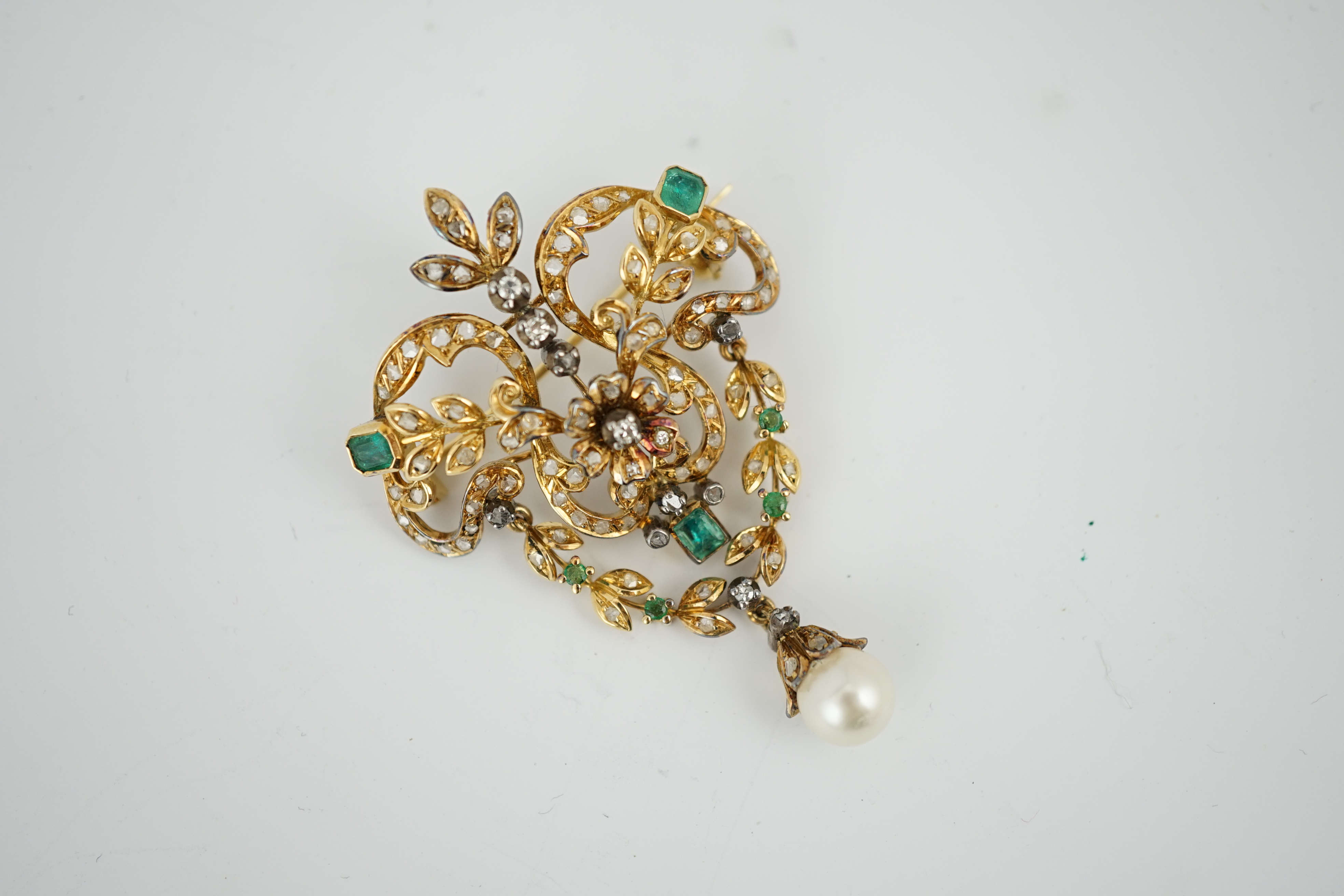 A Victorian gold, emerald and diamond cluster pendant brooch, with pearl drop